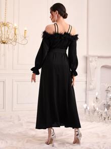 Modelyn Cold Shoulder Fuzzy Trim Belted Dress - Black - View 2