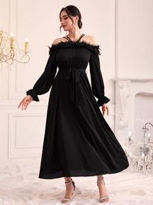 Modelyn Cold Shoulder Fuzzy Trim Belted Dress - Black - View 3