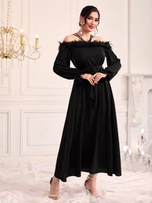 Modelyn Cold Shoulder Fuzzy Trim Belted Dress - Black - View 4