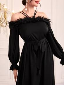 Modelyn Cold Shoulder Fuzzy Trim Belted Dress - Black - View 5
