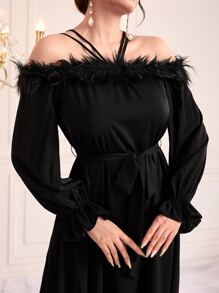 Modelyn Cold Shoulder Fuzzy Trim Belted Dress - Black - View 6