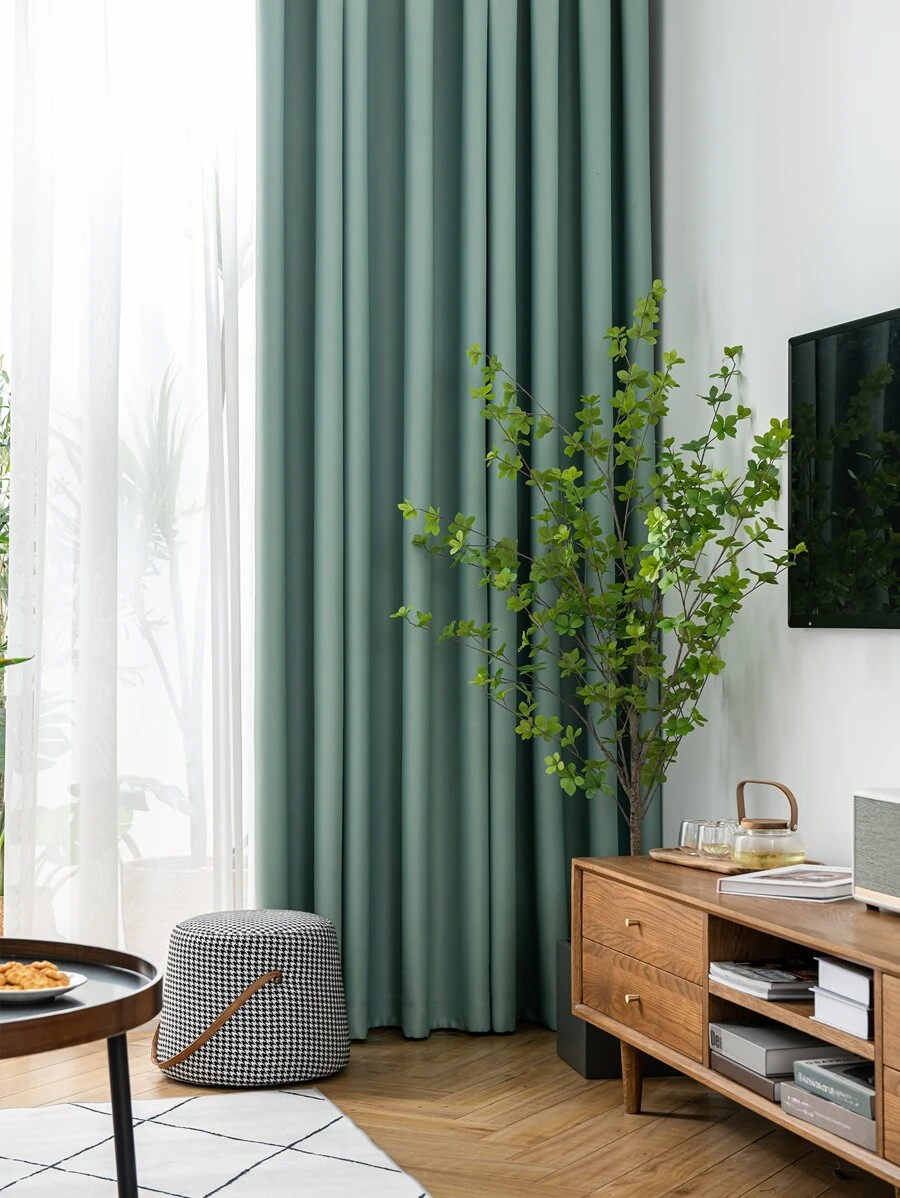 1pc Light Gray Blackout Curtain, Thermal Insulated Blackout Curtain Blocks UV Rays, Suitable For Living Room, Bedroom, Darkens Room In Power Outage, Autumn/Winter - Green - View 1