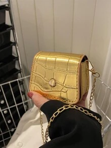 Mini Metallic Crocodile Embossed Flap Chain Square Bag, Animal Print Women Bag - Gold - View 2