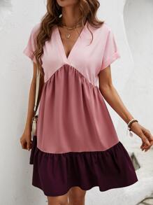 SHEIN VCAY Colorblock Ruffle Hem Smock Dress - Pink - View 1