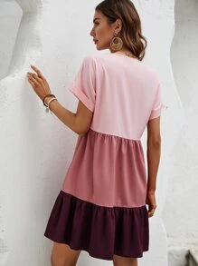 SHEIN VCAY Colorblock Ruffle Hem Smock Dress - Pink - View 2