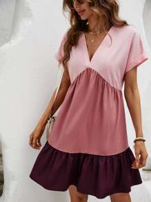 SHEIN VCAY Colorblock Ruffle Hem Smock Dress - Pink - View 3