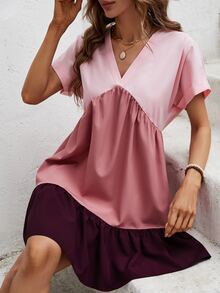SHEIN VCAY Colorblock Ruffle Hem Smock Dress - Pink - View 5
