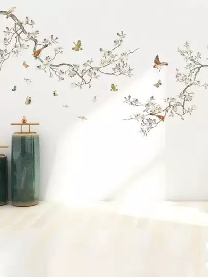 1 件 PVC 墙贴，花卉和蝴蝶图案墙贴，用于家庭墙壁装饰，贴纸，墙贴，乙烯基贴花，用于家庭装饰，春季装饰品让您的家焕然一新，Rama 装饰贴纸