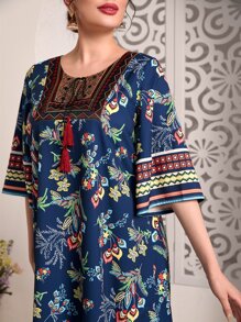 Seusyu 印花流蘇細節直筒連衣裙