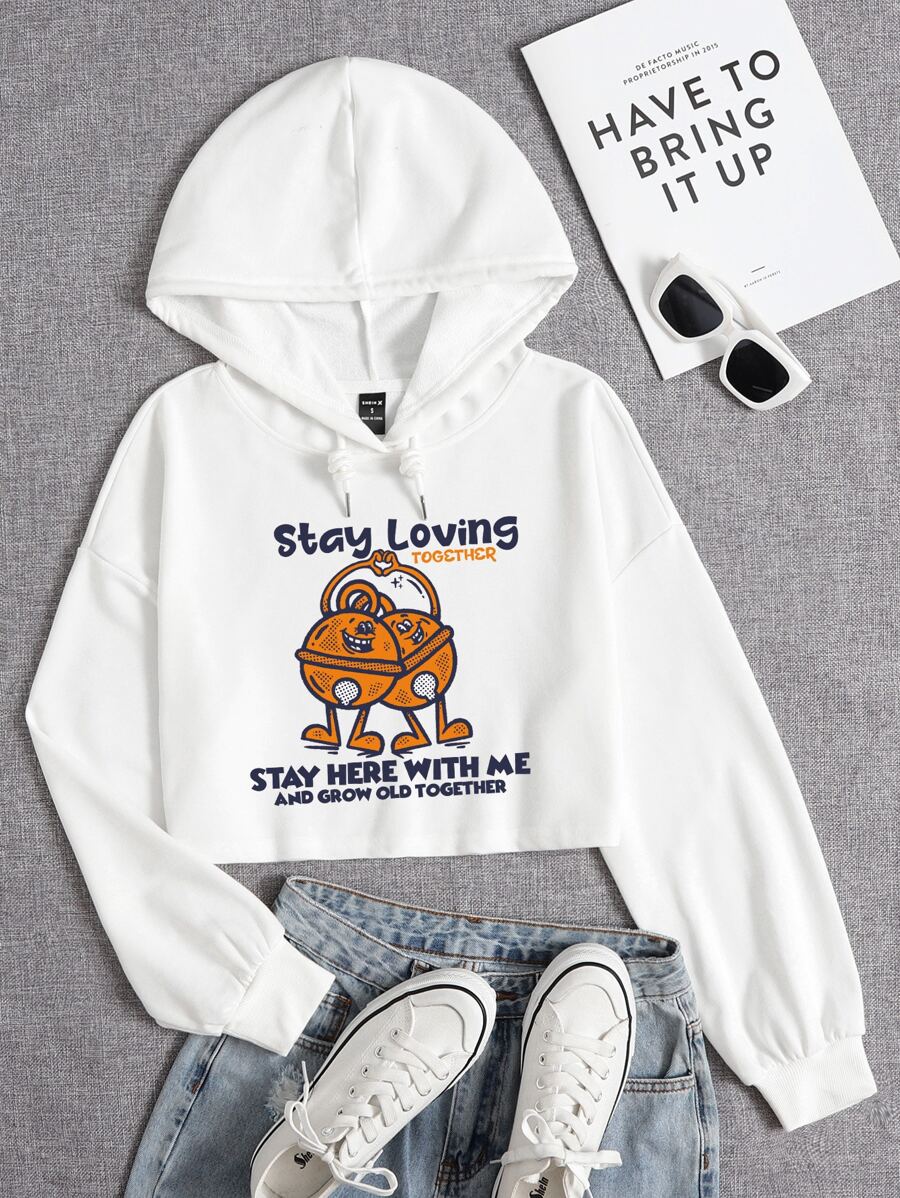 Notnotstudio Cartoon & Slogan Graphic Drop Shoulder Drawstring Crop Hoodie - White - View 1