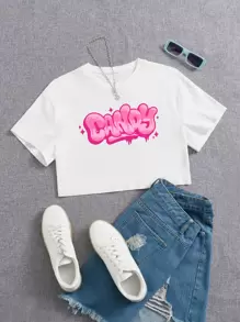 Candy Lien Production Artist Letter Graphic Crop Tee, For Summer, 100% Cotton, Holiday, For Vacation - White - View 1