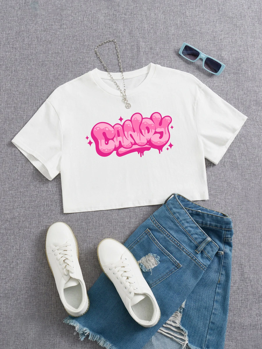 Candy Lien Production Artist Letter Graphic Crop Tee, For Summer, 100% Cotton, Holiday, For Vacation - White - View 1