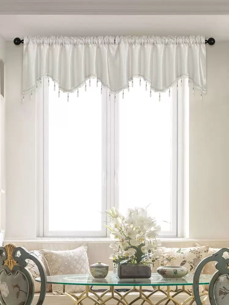 1pc Polyester Window Valance, European Style Bead Decor Curtain Valance For Living Room, Bedroom - White - View 1