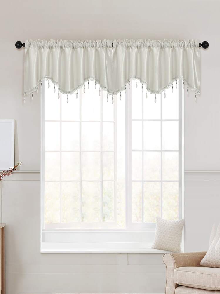 1pc Polyester Window Valance, European Style Bead Decor Curtain Valance For Living Room, Bedroom - White - View 4