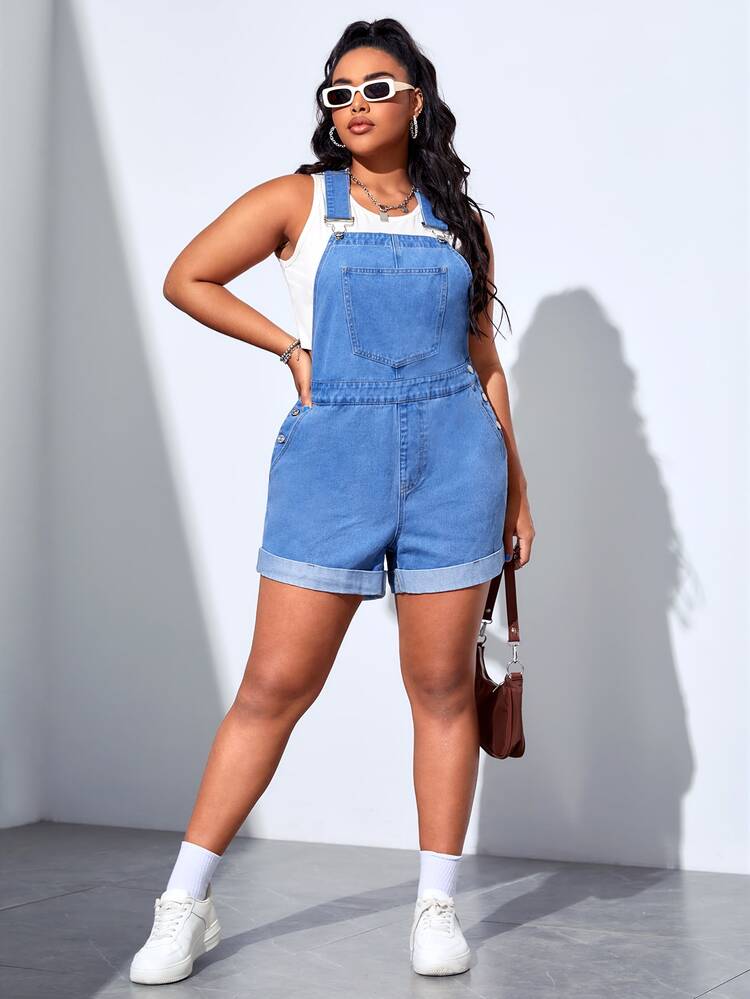 Quần áo denim có kích thước lớn Nút Túi màu trơn Giải trí - Rửa nhẹ - Xem 4