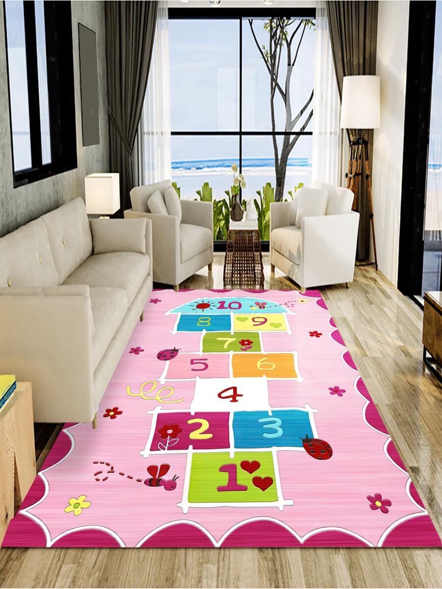 1入組花卉和數字圖案地毯卡通滌綸數字和幾何圖案地毯適用於客廳和臥室 - 彩色 - 查看 1