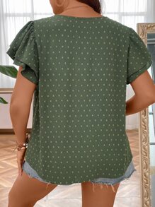 SHEIN LUNE Plus Swiss Dot Butterfly Sleeve Blouse - Army Green - View 3