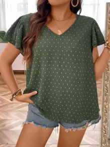 SHEIN LUNE Plus Swiss Dot Butterfly Sleeve Blouse - Army Green - View 1