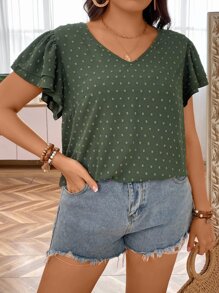 SHEIN LUNE Plus Swiss Dot Butterfly Sleeve Blouse - Army Green - View 4