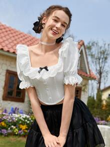 SHEIN MOD 網眼刺繡荷葉邊前蝴蝶結泡泡袖弧形下擺襯衫 - 白色 - 查看 3