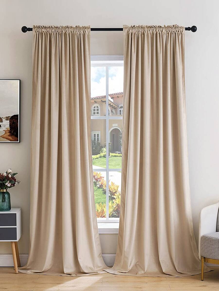 滌綸1片極簡臥室和客廳單面板遮光窗簾 - 米色 - 查看 1