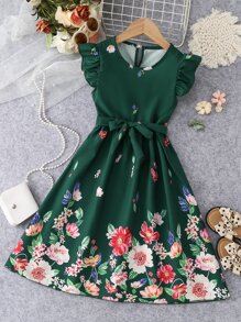 SHEIN Vestido Estampado Floral Para Chicas Adolescentes Con Detalle De Volantes Y Cinturón - Verde Oscuro - Ver 1