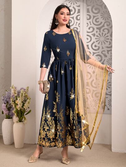 Divindia Gold Floral Print Contrast Mesh Hem Dress Style Indian