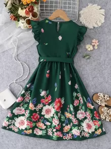 SHEIN Vestido Estampado Floral Para Chicas Adolescentes Con Detalle De Volantes Y Cinturón - Verde Oscuro - Ver 2