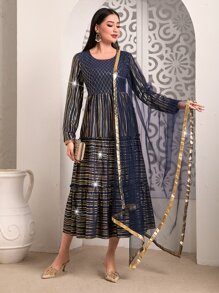 Divindia Vestido de rayas doradas con cinta en contraste bajo con fruncido - Azul Marino - Ver 1