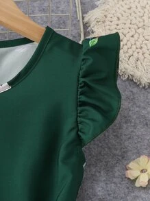 SHEIN Vestido Estampado Floral Para Chicas Adolescentes Con Detalle De Volantes Y Cinturón - Verde Oscuro - Ver 3