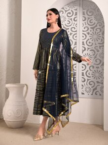 Divindia Vestido de rayas doradas con cinta en contraste bajo con fruncido - Azul Marino - Ver 3