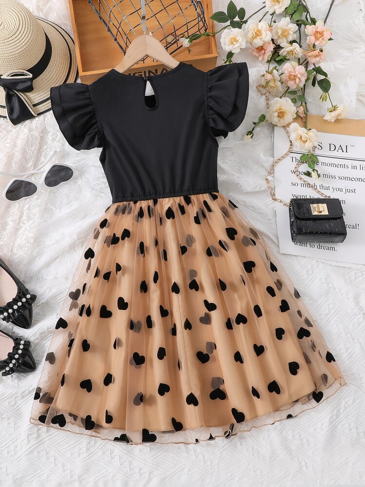 Sparklyn Tween Girl Heart Mesh Panel Ruffle Trim A-Line Dress - Multicolor - View 2