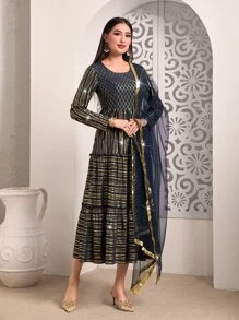 Divindia Vestido de rayas doradas con cinta en contraste bajo con fruncido - Azul Marino - Ver 4