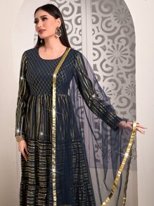 Divindia Vestido de rayas doradas con cinta en contraste bajo con fruncido - Azul Marino - Ver 5