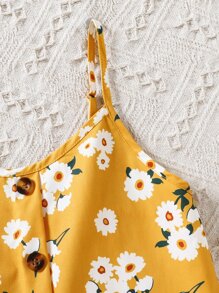 SHEIN 女孩印花前紐扣吊帶連衣裙 - 黃色 - 查看 3