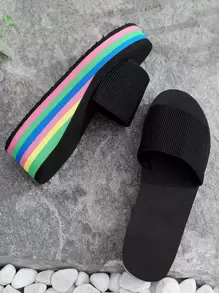 Women Striped Pattern Wedge Slides, Fashion Outdoor Slides - Black - View 2