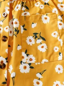 SHEIN 女孩印花前紐扣吊帶連衣裙 - 黃色 - 查看 6