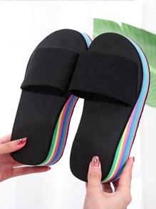 Women Striped Pattern Wedge Slides, Fashion Outdoor Slides - Black - View 4