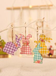 4 piezas de decoración colgante de pared de conejo de dibujos animados de Pascua, patrón de cuadros de madera de dibujos animados decoración colgante en forma de Animal para vacaciones
