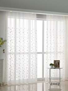 Polyester Sheer Panel Curtain, Cottagecore Leaf Embroidered Light Filtering Privacy Sheer Curtain For Living Room, Bedroom - White - View 2