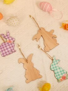 4 piezas de decoración colgante de pared de conejo de dibujos animados de Pascua, patrón de cuadros de madera de dibujos animados decoración colgante en forma de Animal para vacaciones