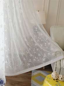 Polyester Sheer Panel Curtain, Cottagecore Leaf Embroidered Light Filtering Privacy Sheer Curtain For Living Room, Bedroom - White - View 4