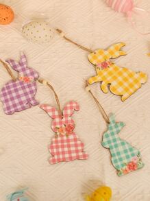4 piezas de decoración colgante de pared de conejo de dibujos animados de Pascua, patrón de cuadros de madera de dibujos animados decoración colgante en forma de Animal para vacaciones