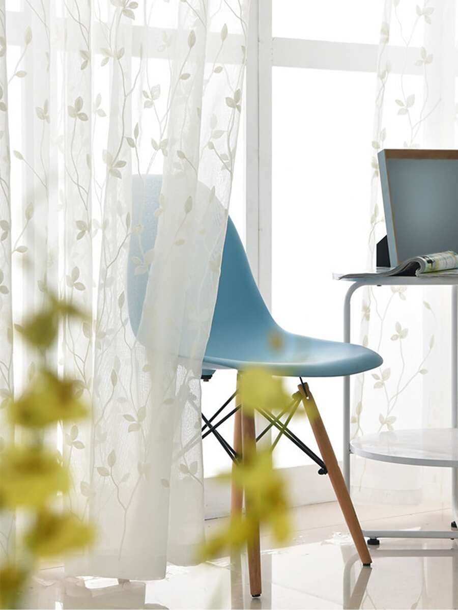 Polyester Sheer Panel Curtain, Cottagecore Leaf Embroidered Light Filtering Privacy Sheer Curtain For Living Room, Bedroom - White - View 1