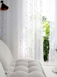 Polyester Sheer Panel Curtain, Cottagecore Leaf Embroidered Light Filtering Privacy Sheer Curtain For Living Room, Bedroom - White - View 7
