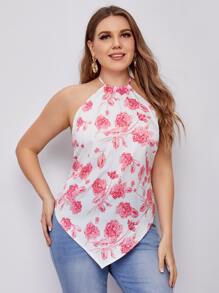 Celure Plus Floral Print Tie Backless Hanky Hem Halter Top - White - View 2
