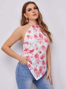 Celure Plus Floral Print Tie Backless Hanky Hem Halter Top - White - View 4