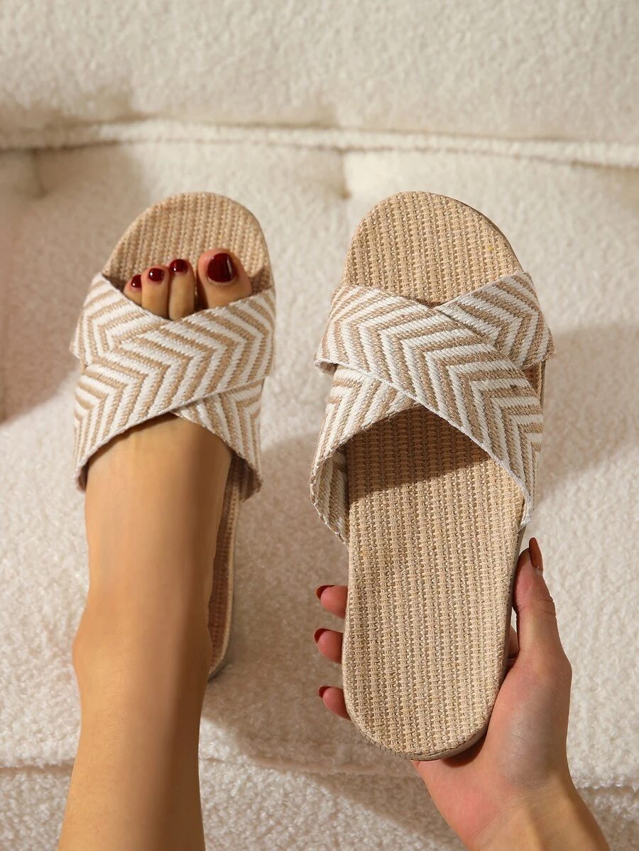 Women Chevron Pattern Two Tone Home Slippers, Vacation Multi-Color Linen Bedroom Slippers