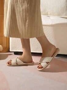 Women Chevron Pattern Two Tone Home Slippers, Vacation Multi-Color Linen Bedroom Slippers