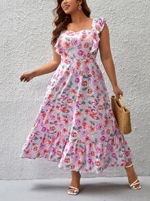 SHEIN VCAY Plus Allover Floral Print Ruffle Trim Dress - Multicolor - View 3